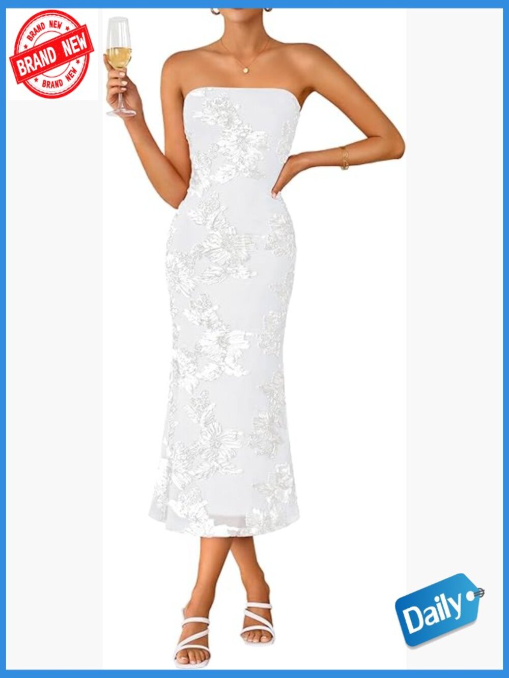 Strapless Floral Bodycon Mesh Midi Dress Cocktail Wedding Guest Party